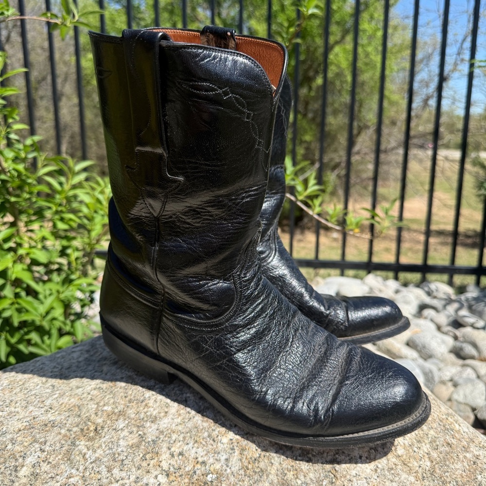 VTG 1995 Lucchese Handmade Black Goat Leather Western Boots 9.5EE Classic W BOX
